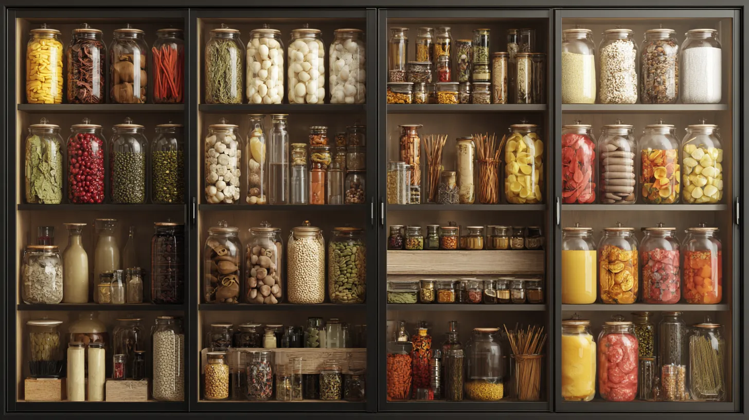 A cupboard with food that is preserved