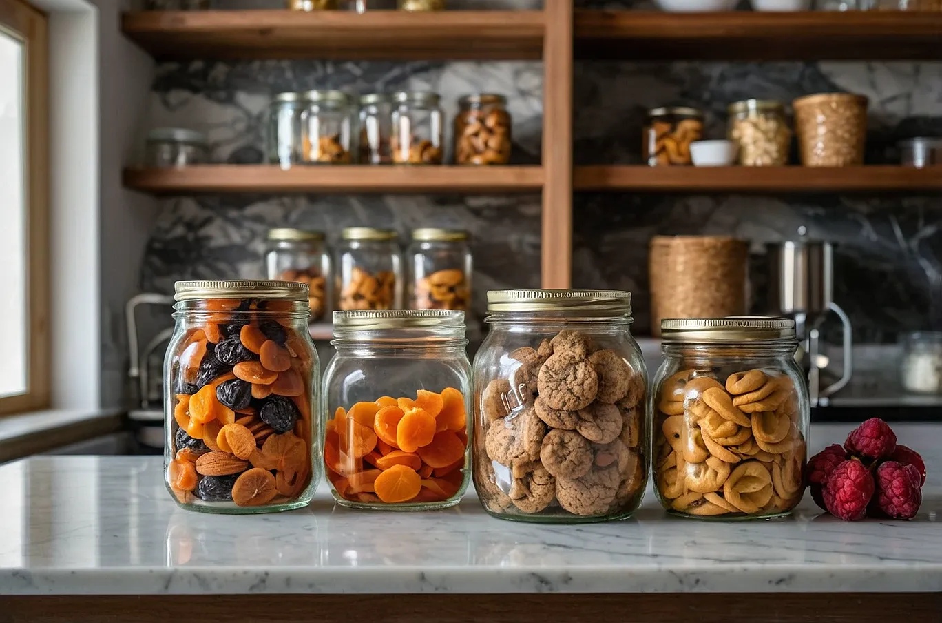 A variety of snacks arranged in mason jars.