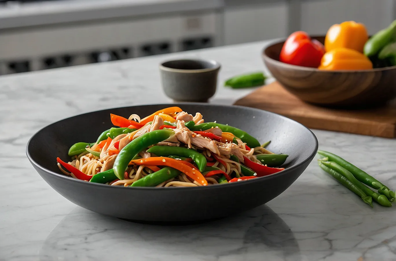 Sautéed noodles tossed with bell peppers, snap peas, carrots, and pre-cooked chicken.
