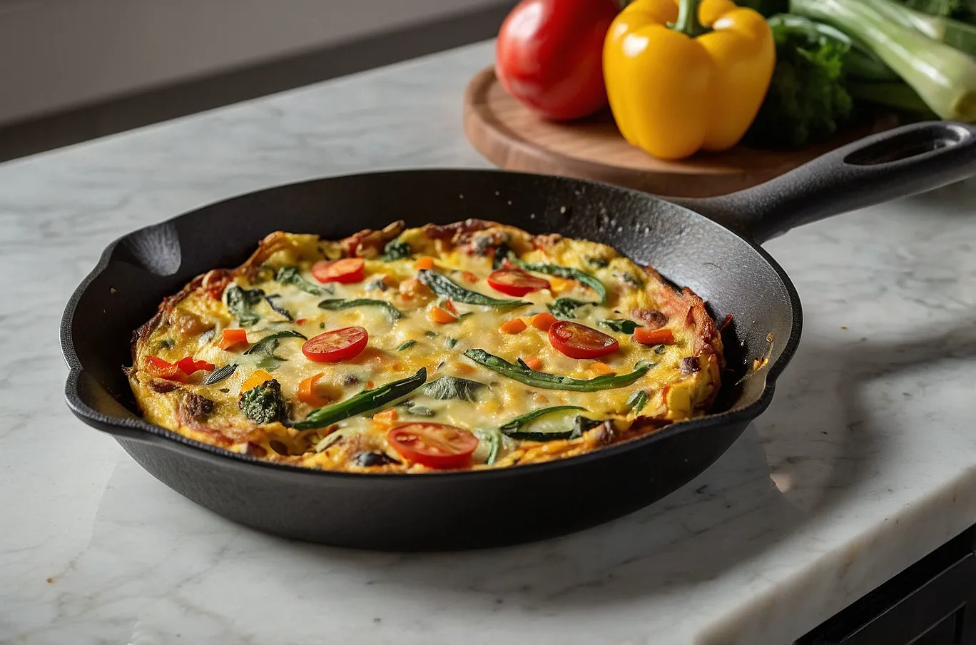 A nonstick skillet holds a golden, nearly-set frittata speckled with colorful veggies and cheese.
